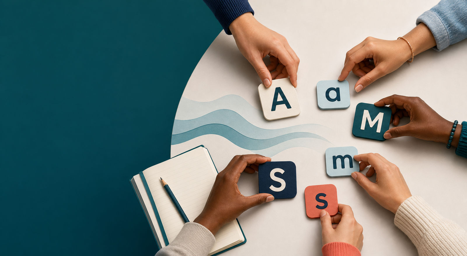Learners arranging uppercase and lowercase letter tiles beside a notebook